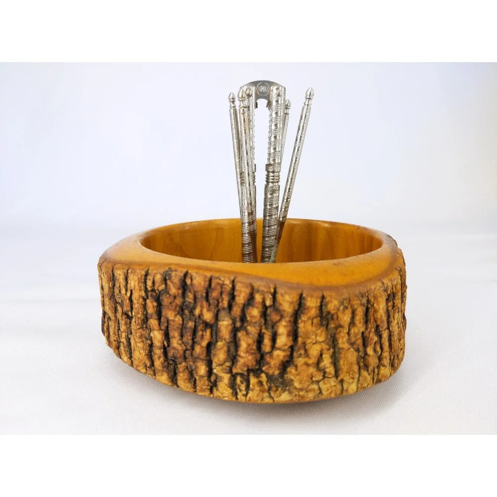 Vintage Nutcracker Set Brown Live Edge Wood Bowl Metal Tools Rustic Cabin